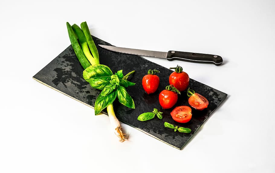 tomatoes, knife, chopping, board, chopping board, food, vegetable, freshness, healthy Eating, leaf