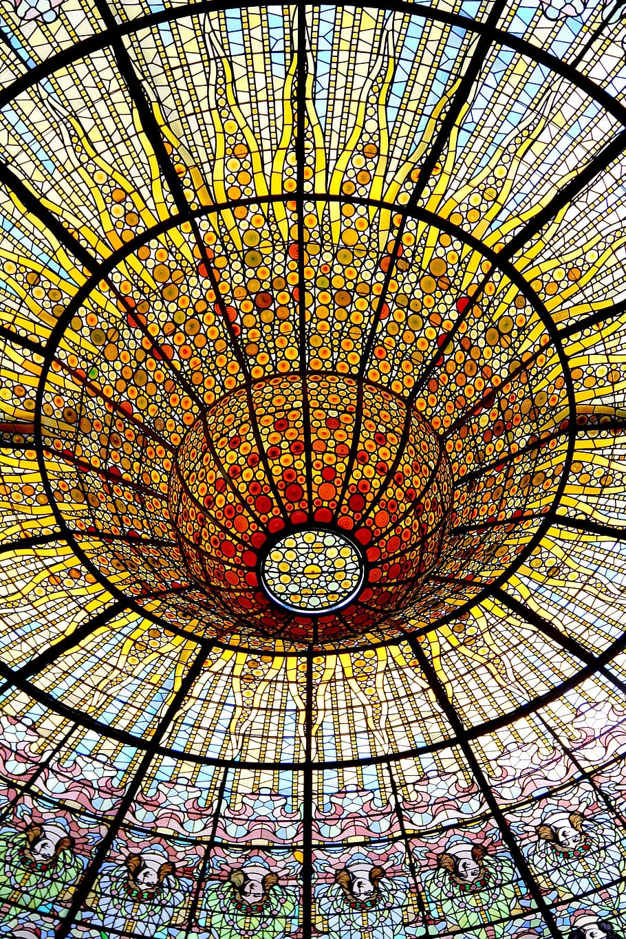 stained glass, cupola, glass, light, colour, dome, architecture, pattern, ceiling, low angle view