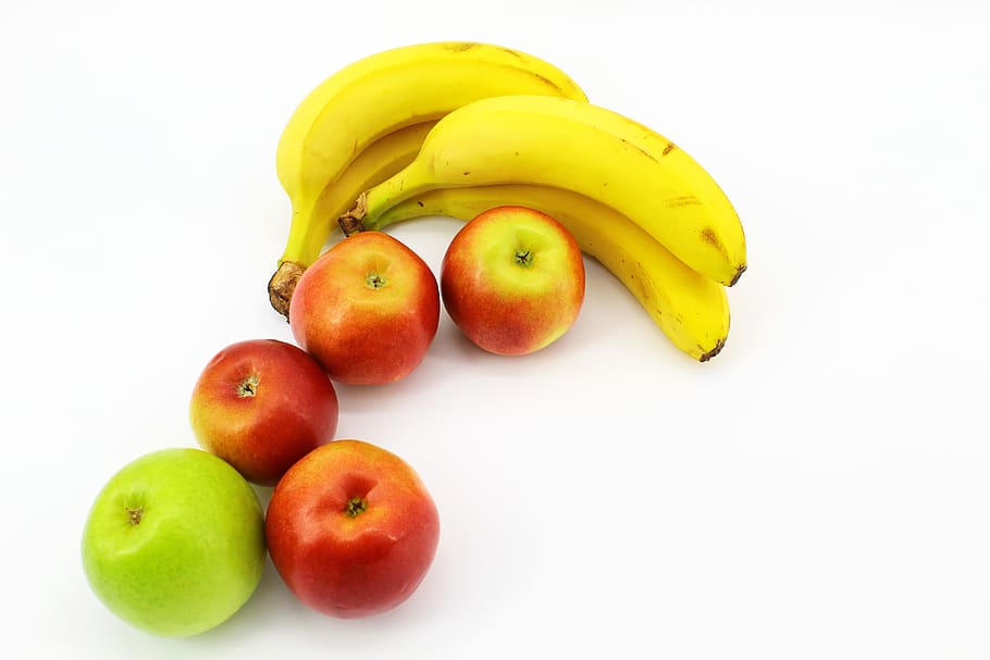 blanco, fondo, amarillo, plátanos, manzanas, cuatro, frutas, negro, nutrición, saludable