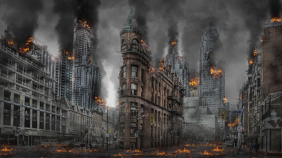 ardente, edifícios, diurno, apocalipse, guerra, desastre, destruição, armageddon, apocalíptico, cidade