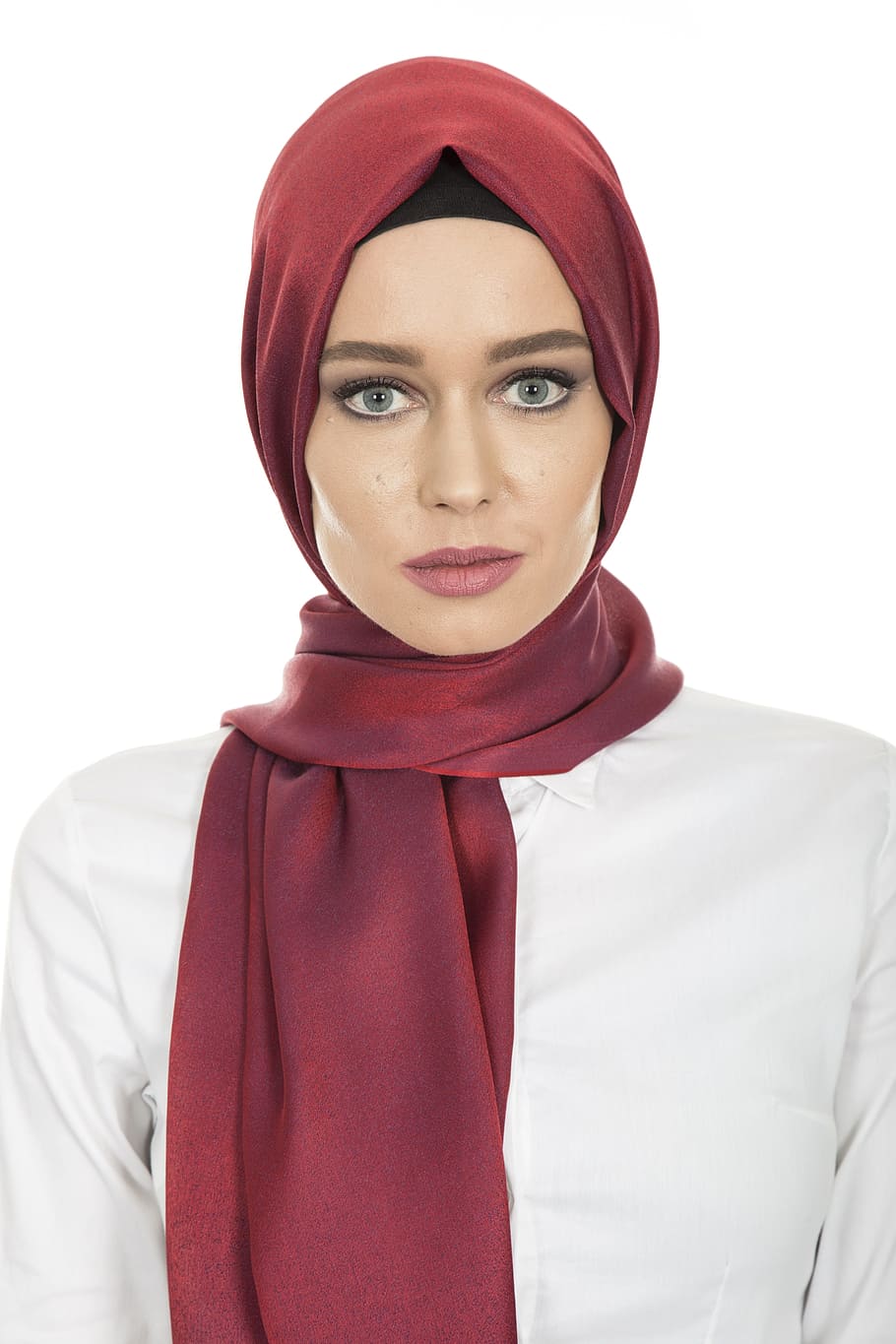 woman, white, top, red, headscarf, hijab, head cover, hair, scarf, women's