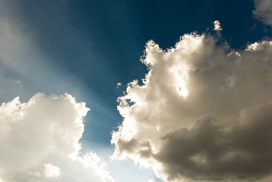 white, clouds, blue, sky, daytime, white clouds, blue sky, gray, lights, rays