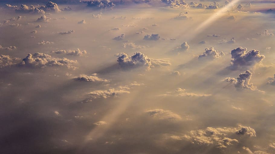 gray, cloudy, sky, sunrise, white, above the clouds, sun rays, sun, nature, blue
