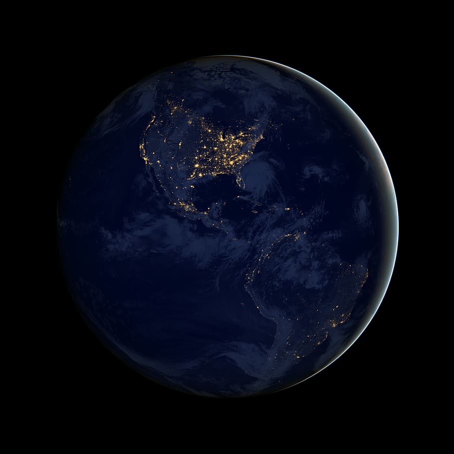 惑星地球の図, 地球, アメリカ大陸, グローブ, 都市, ライト, スペース, 夜, 衛星, 惑星