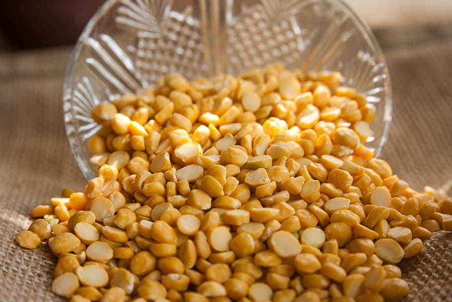 trozos de maíz, claro, recipiente de vidrio, Chana, Daal, lentejas, indio, cocina, oriental, legumbres
