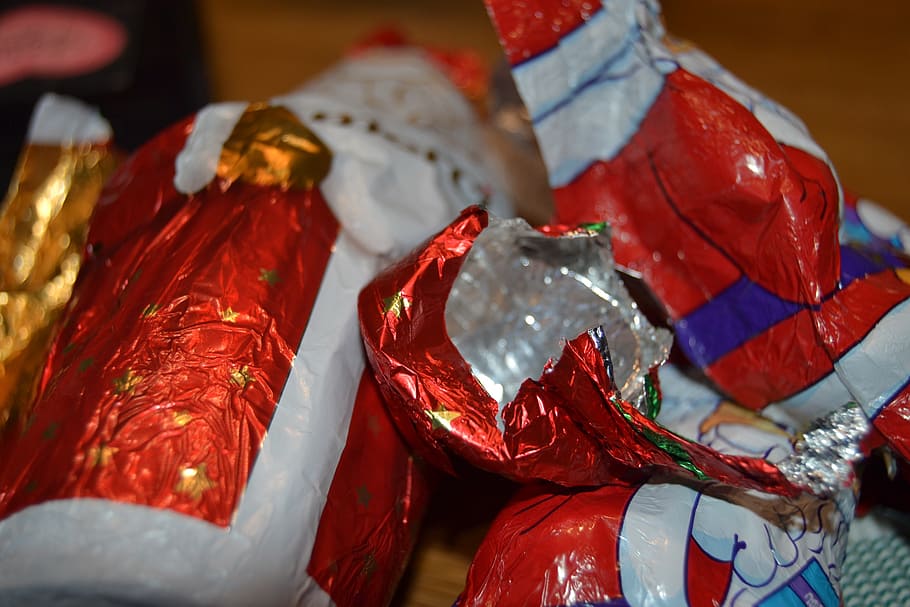 aluminum foil, aluminium, slide, packaging, silver paper, santa claus, silver, red, white, chocolate