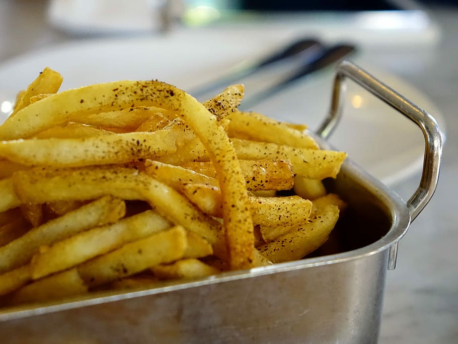 potato fries, metal container, French Fries, Potato, Snack, fried potato, junk food, food, crunchy, salty