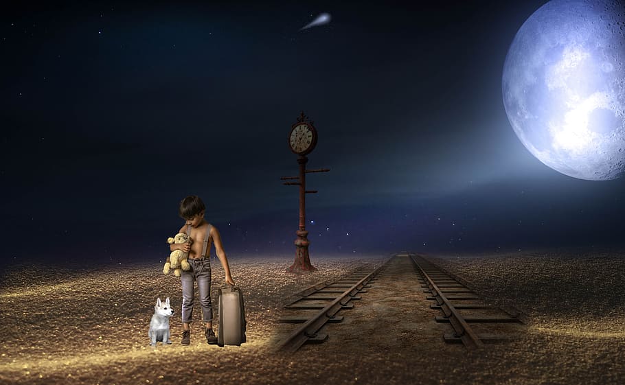 fantasia, noite, menino, sozinho, lua, ferrovia, bagagem, solitário, céu, estrela