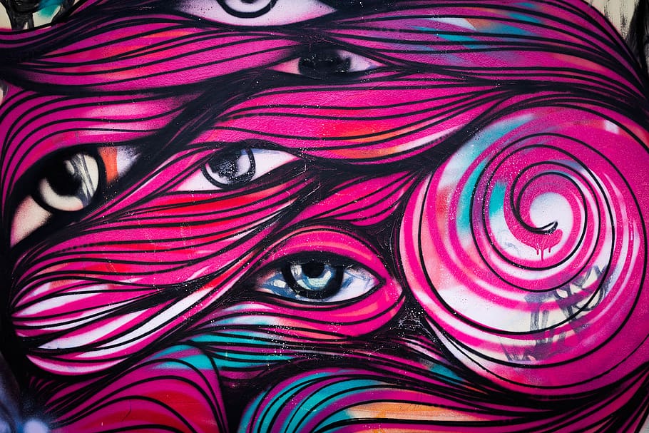 grafito, ojos, rosa, colorido, arte urbano, arte callejero, aerosol, arte, multicolor, primer plano