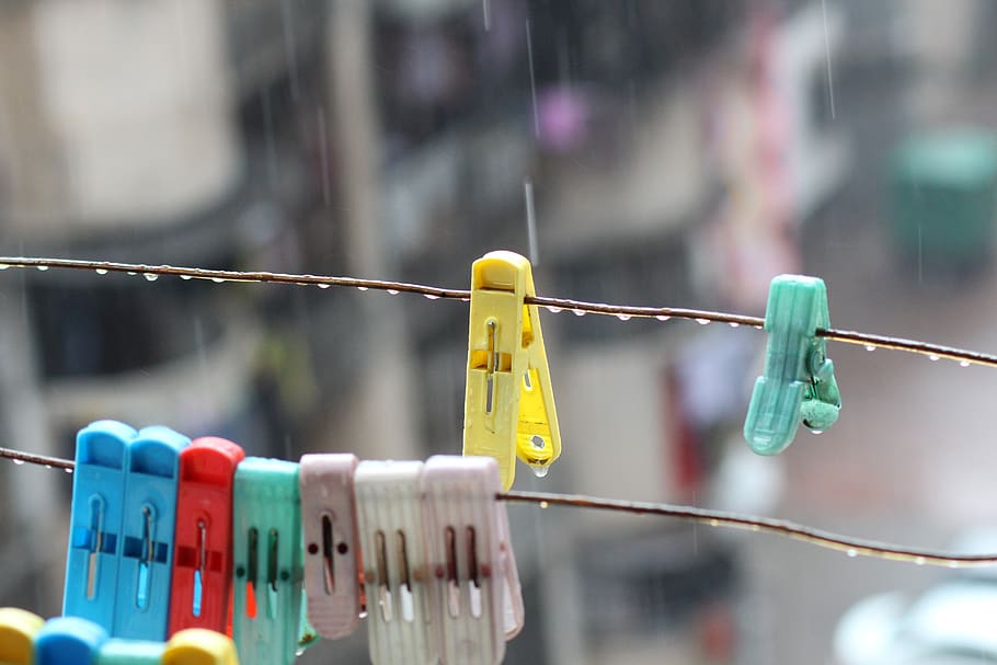 rain, clothespin, hang, water, plastic, laundry, wet, pin, clothesline, weather