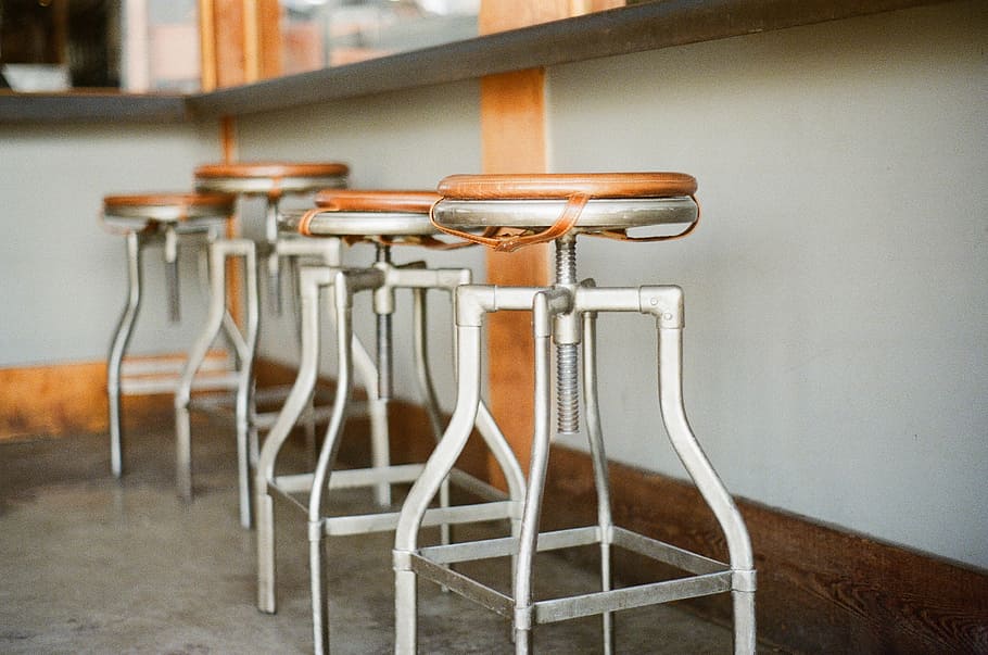 stainless, steel bar stools, four, steel, bar, stools, stainless steal, cushions, restaurant, table
