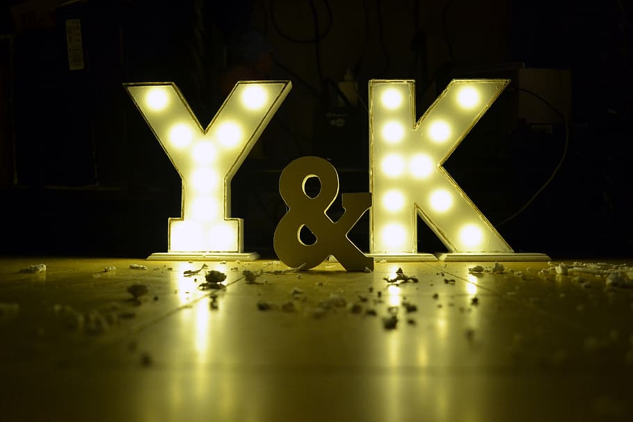 letters illuminated, letters y and k, love, spotlights, wooden letters, romantic, background, soft, beauty, hollywood