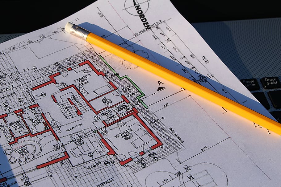 kuning, pensil, kertas cetak biru, cetak biru, kertas, rencana bangunan, laptop, kunjungan, rencana, perencanaan