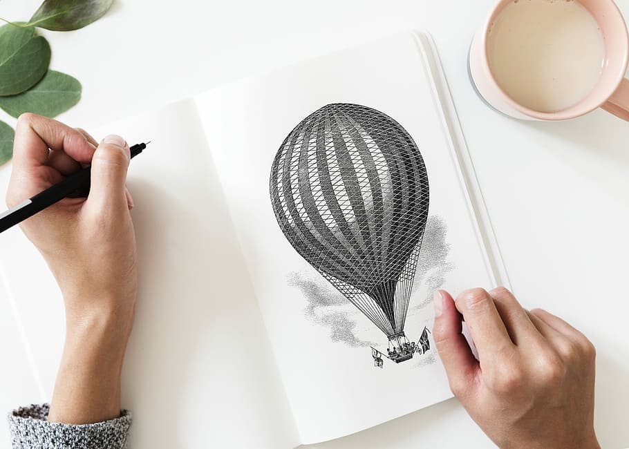 person, drawing, hot, air balloon, illustration pad, woman, hand, aerial, copy space, design space