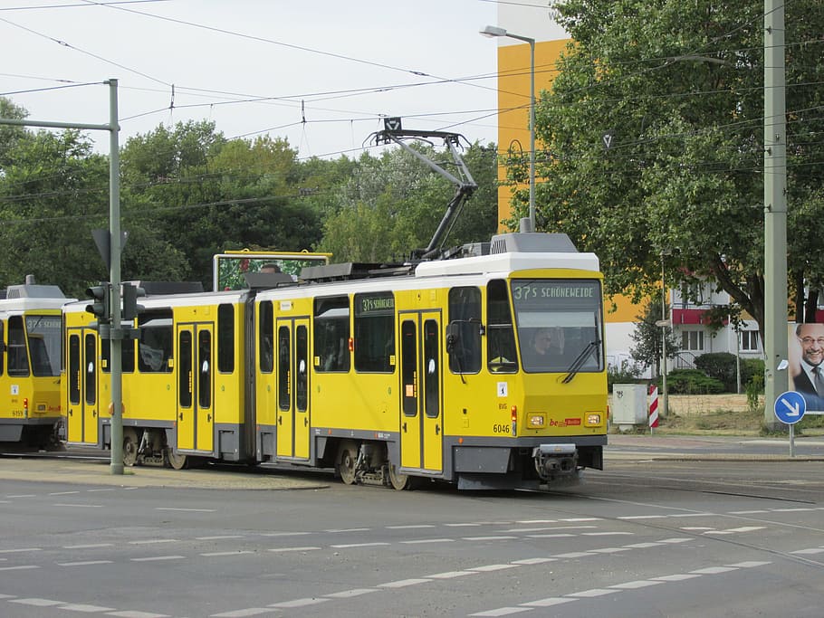 tram, berlin, bvg, capital, junction, catenary, yellow, road marking, roadway, germany