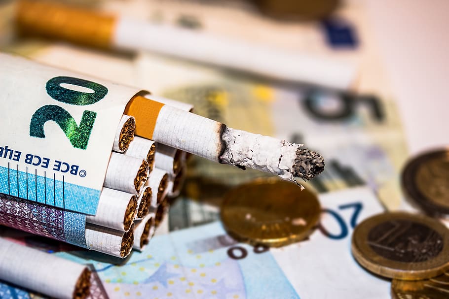 cigarettes, bank note, rolled cigarettes, burning cigarette, ash, euro notes, unhealthy, harmful, expensive, expenses