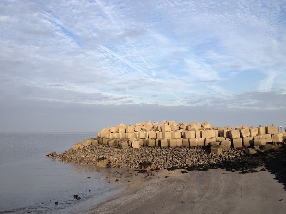 breakwater, dike, wall, stones, north sea, stone blocks, sky, water, sea, cloud - sky