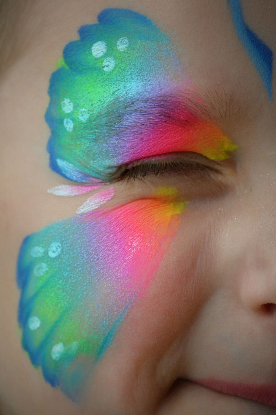 pink, green, face paint, child, wink, eye, butterfly, girl, colorful, face