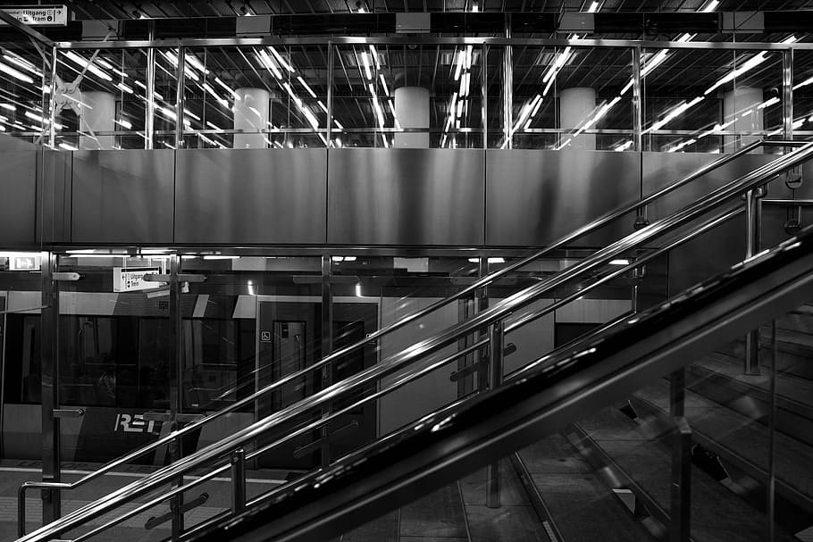 gray, staircase, inside, building, Stairs, Rotterdam, Station, Black White, black and white, illuminated