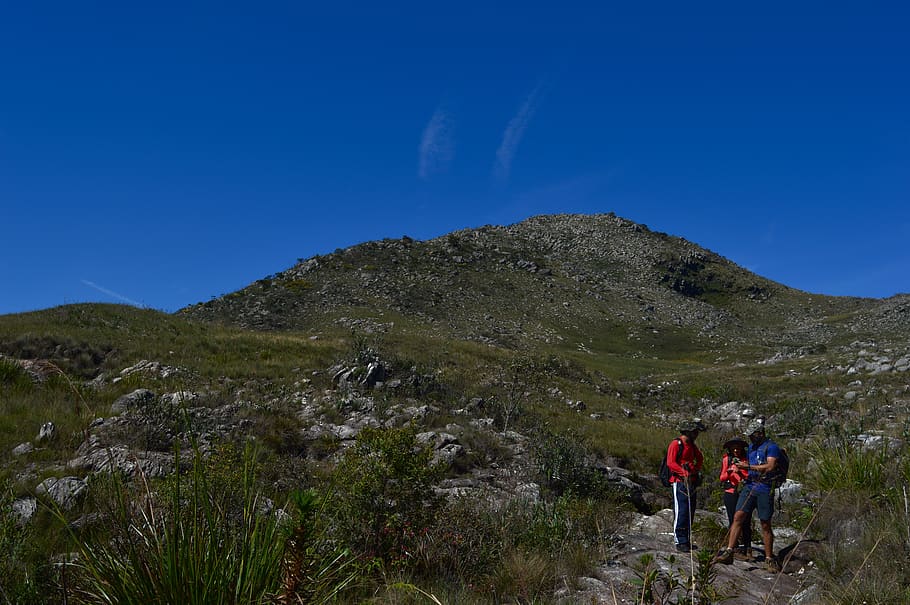 mountains, sky, bue, trekking green plant brazil, mountain, leisure activity, hiking, men, nature, blue