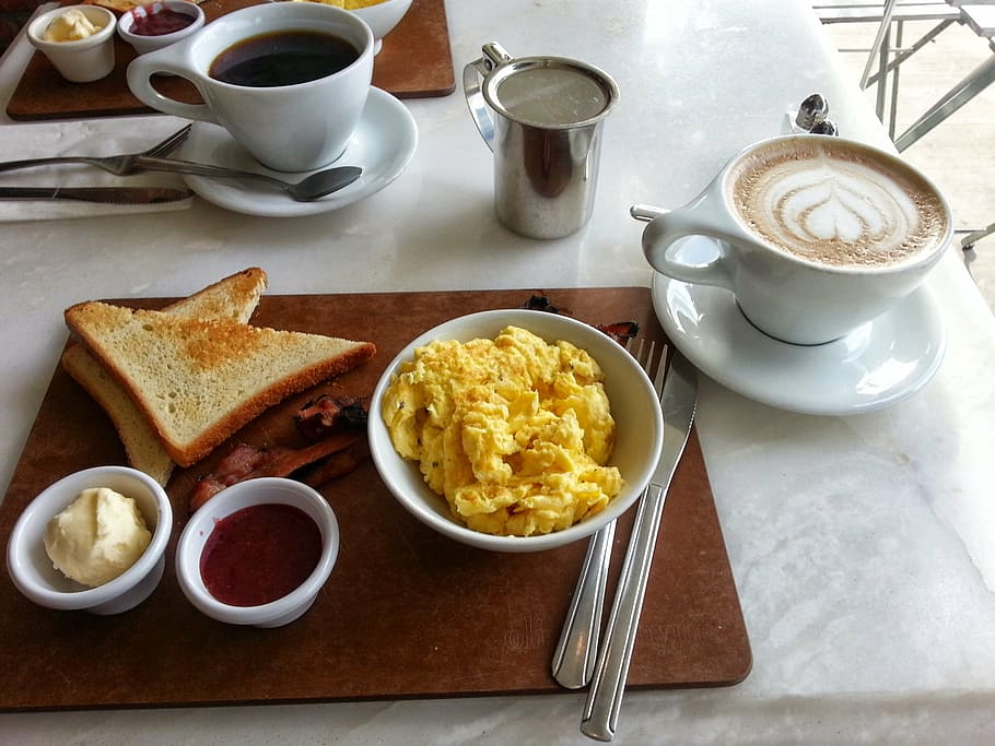 scrambled, egg, bread toast, caffe latte, scrambled eggs, breakfast, coffee, latte, eggs, toast