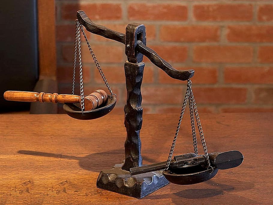 black, balance scale, gavel, pistol, black balance, weighing scale, justice, scales, court, law