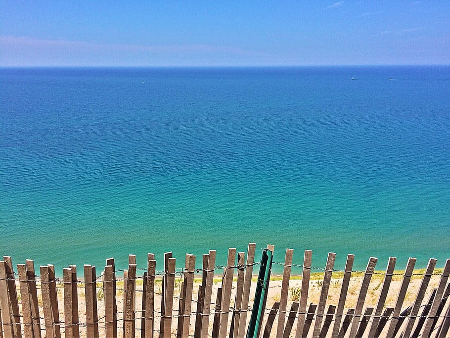 lake, dune, beach, michigan, shore, sand, fence, water, sea, blue