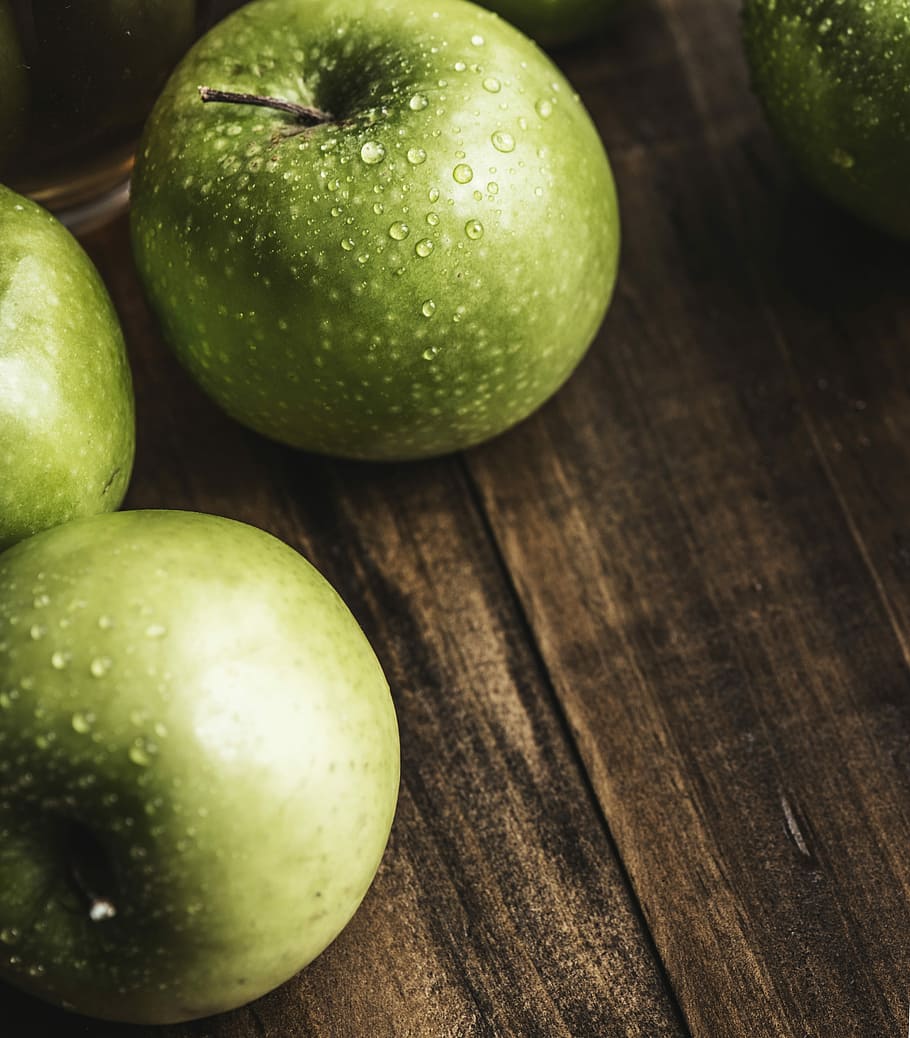 green, apples, brown, wooden, surface, apple, closeup, food, food photography, fresh