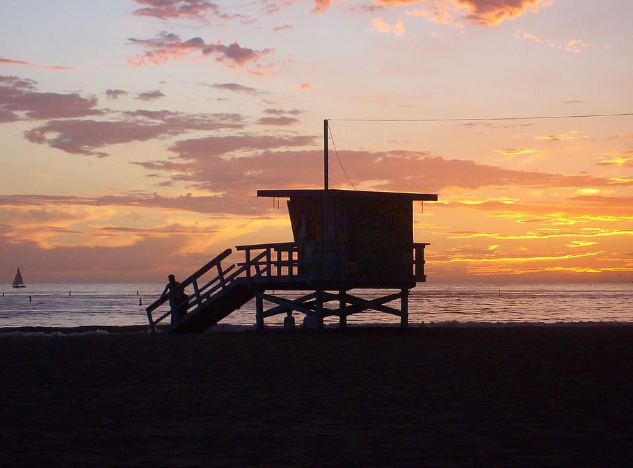 Baywatch, Sunset, Beach, Santa Monica, sunset, beach, sea, lifeguard hut, silhouette, cloud - sky, water