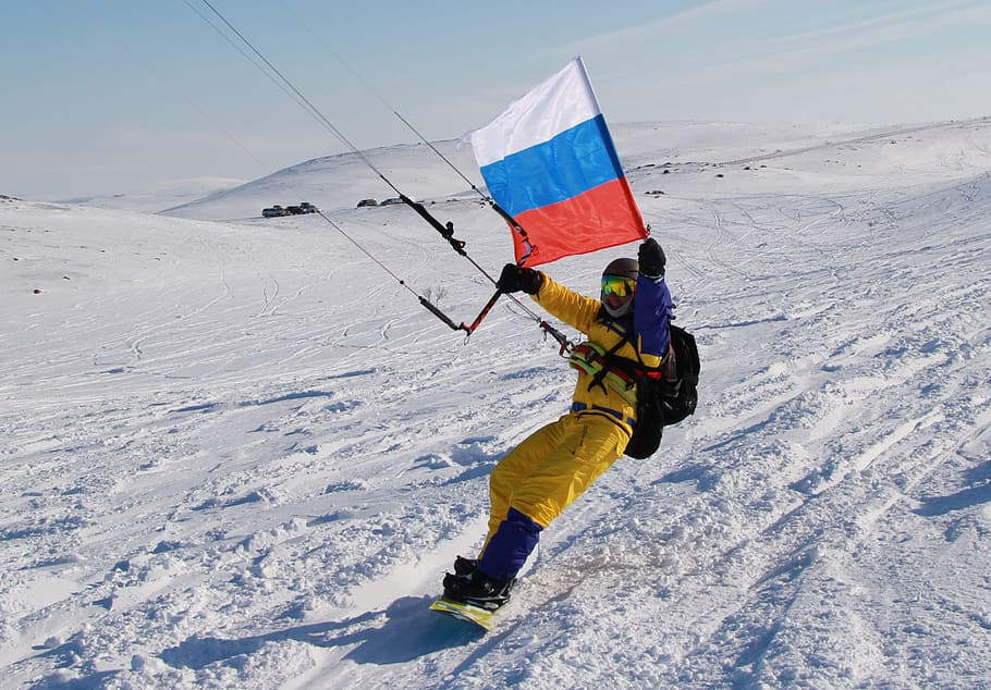 kite, kitesurfing, winter, flag of russia, sports, extreme, skiing snowboarding, snow, sport, cold temperature