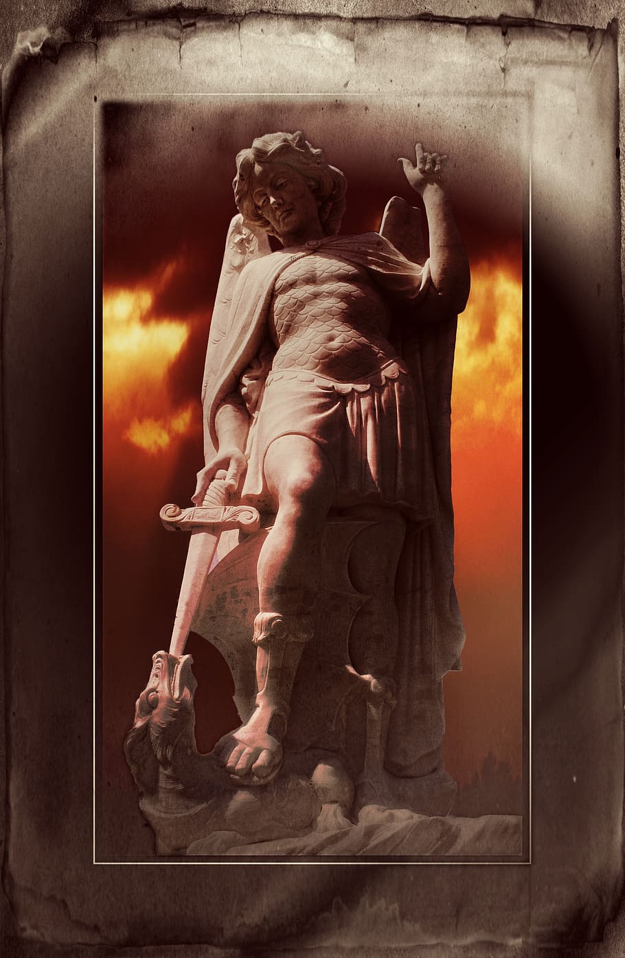 statue, archangel michael, dragon sword, cemetery, religion, sculpture, monument, christianity, catholic, religious