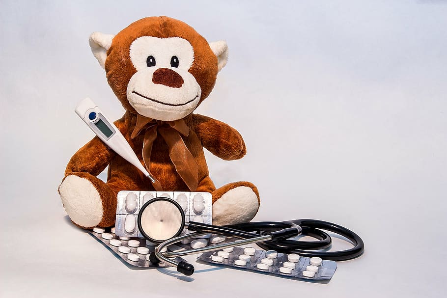 brown, monkey, plush, toy, assorted, medical, kit, ill, get well soon, stuffed animal