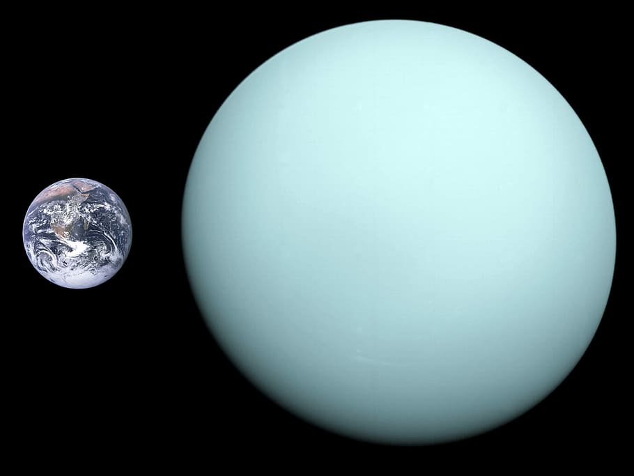 Perbandingan, Uranus, Bumi, foto, planet, domain publik, ukuran, tata surya, ruang, bola