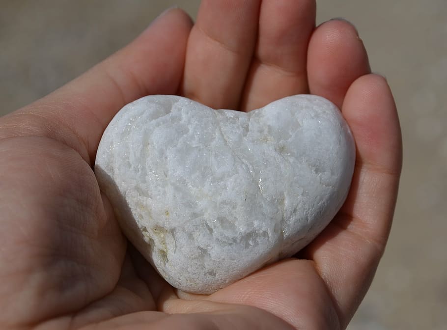 orang, memegang, putih, batu jantung, jantung, batu, tangan, cinta, bentuk, harmoni