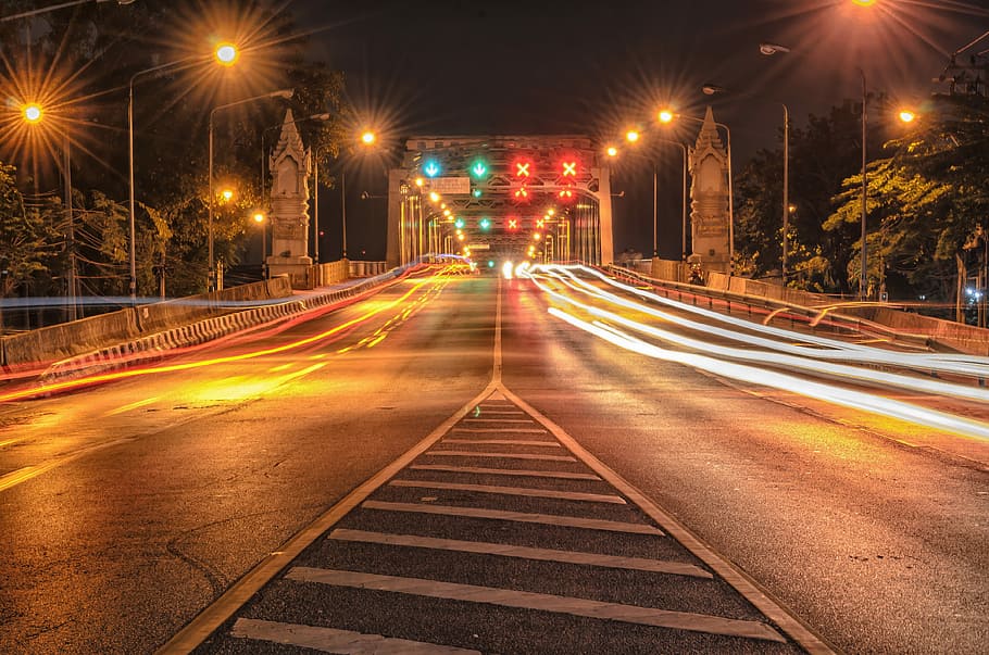 Puente, carretera, carril, construcción de puentes de larga exposición, obturador lento, noche, iluminado, velocidad, luz de calle, larga exposición