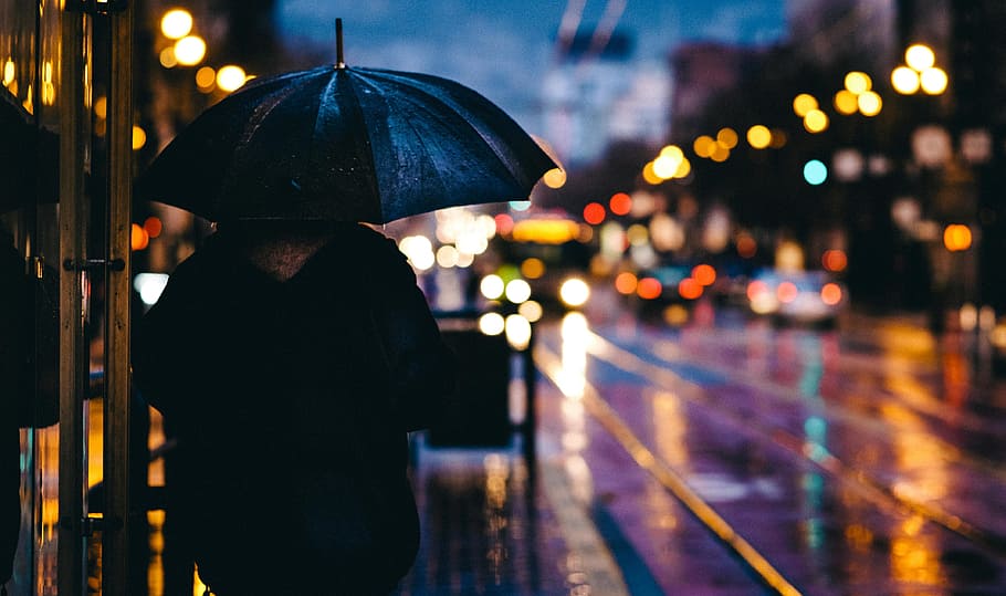 person, holding, black, umbrella, night time, adult, blur, bokeh, city, evening