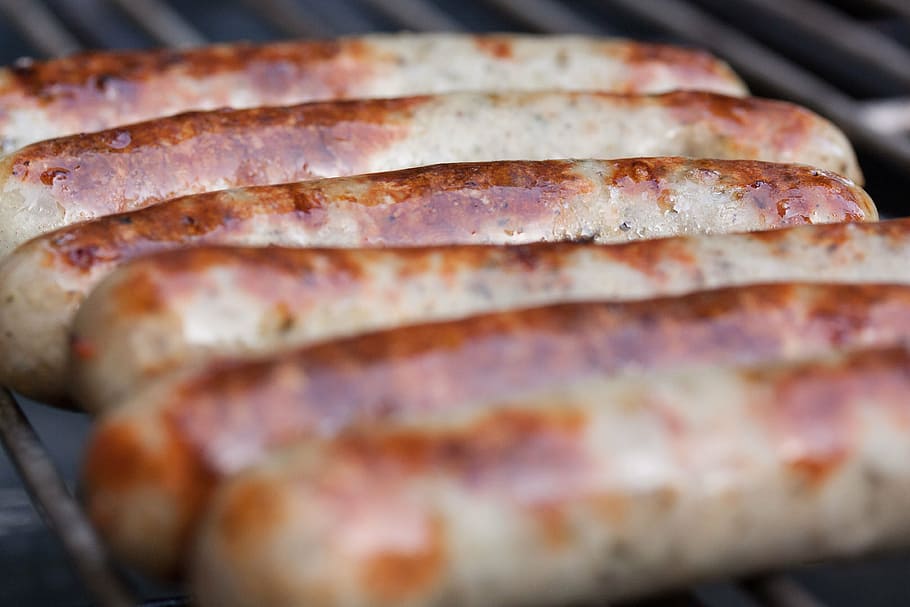 sausages grilling, grill, grill sausage, grill sausages, sausage, bratwurst, sausages, barbecue, heat, stainless