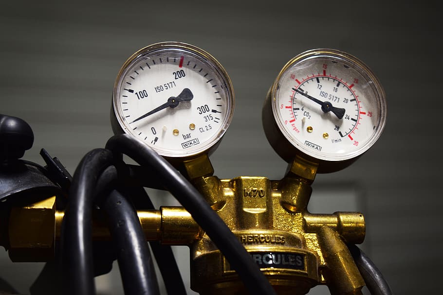 close-up photo, bronze pressure, gauges, gas reductor, gas flow, bar, pressure, measuring, power, technology
