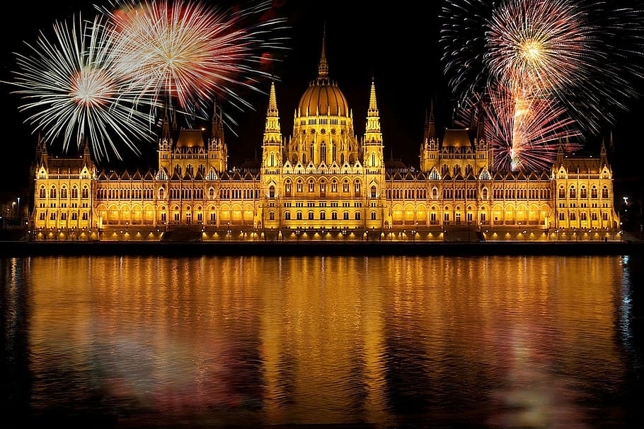 england mosque, budapest, parliament, according to hungary, fireworks, lichtspiel, reflection, sky, river, reflections