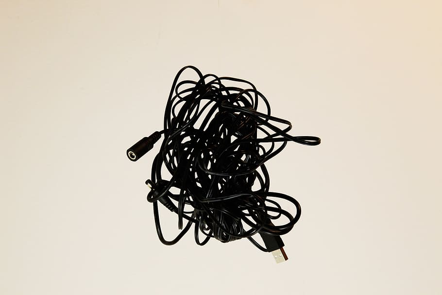 cable, cable salad, everyday life, photoshop, studio shot, indoors, tangled, chaos, copy space, confusion