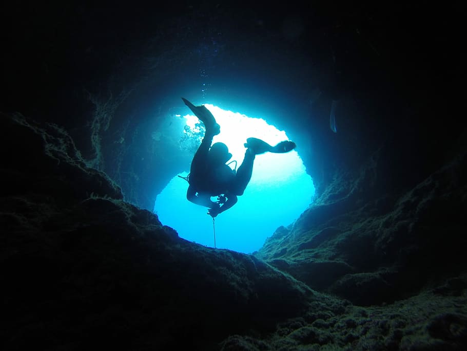 pessoa, mergulho, terno, caverna, embaixo da agua, fato de mergulho, Palau, Pacífico, azul, natureza