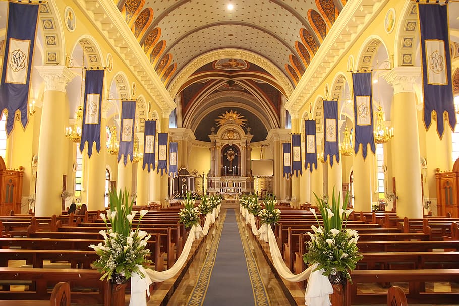 yellow, blue, painted, church, interior, wedding, bride, marriage, groom, couple