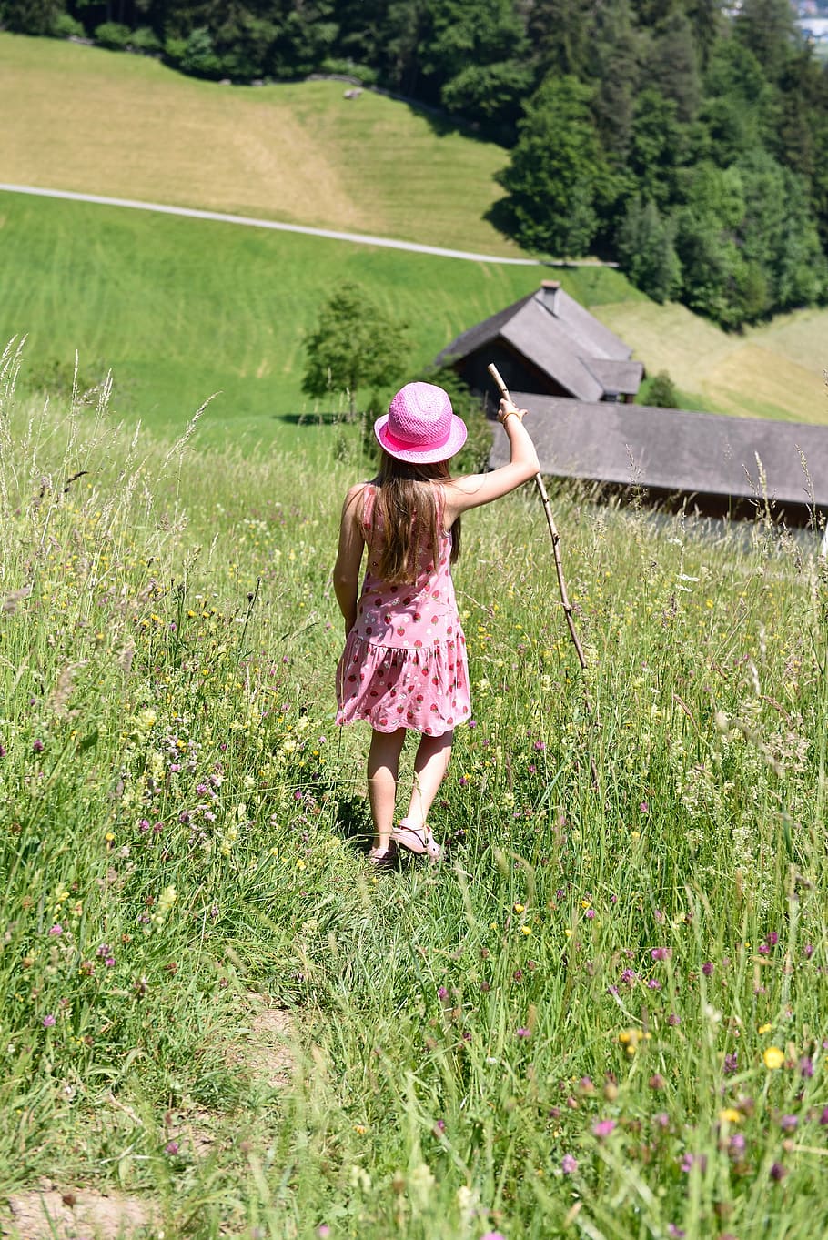person, human, child, girl, hiking, walk, meadow, downhill, stick and hat, nature
