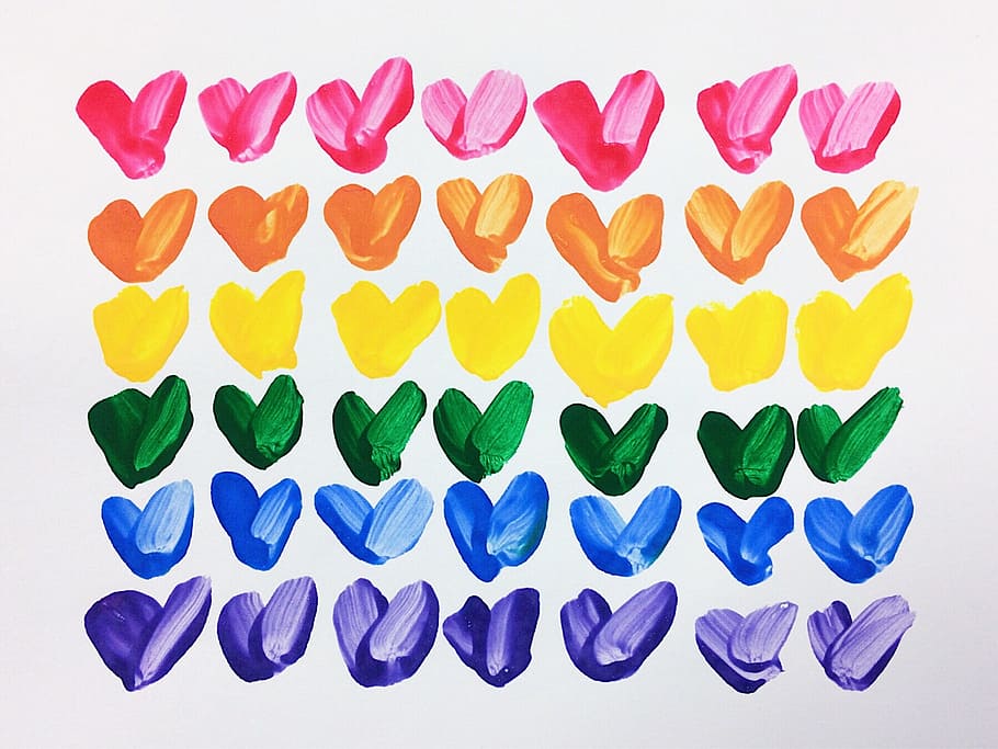 hearts, rainbow, love, arts and crafts, valentine, multi colored, large group of objects, indoors, studio shot, in a row