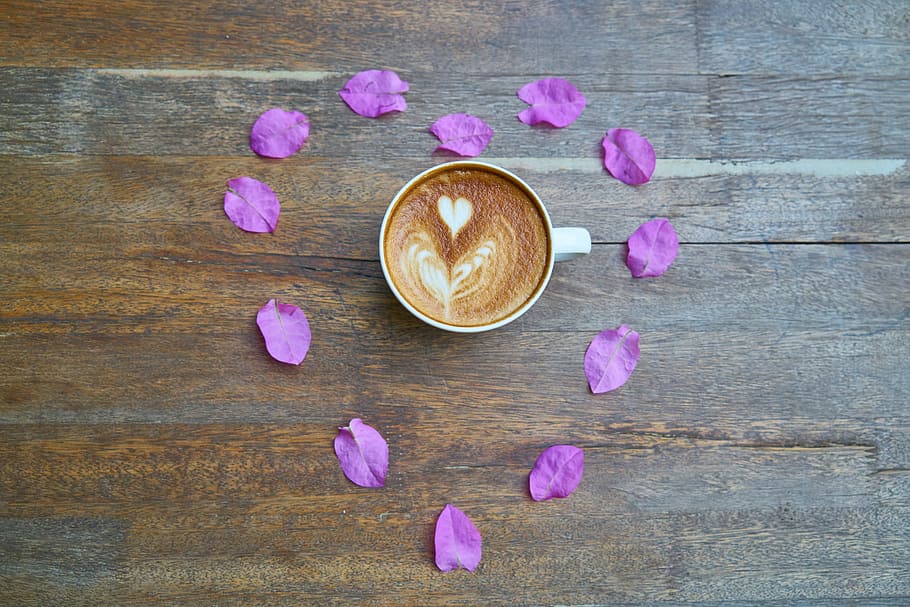 white, ceramic, teacup, filled, coffee, surrounded, pink, flower petals, cafe, table