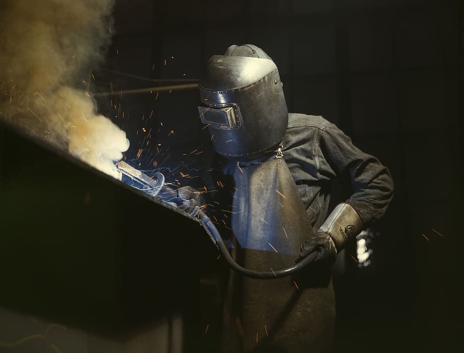 person, wearing, black, welding mask, weld, welder, steel, industry, face protection, hot