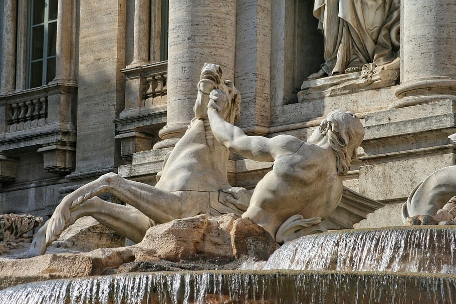 italy, rome, trevi fountain, water, sculpture, architecture, built structure, art and craft, building exterior, statue