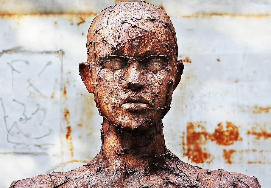 human statuette, art, sculpture, scrap sculpture, human, replica, head replica, artwork, head, stainless