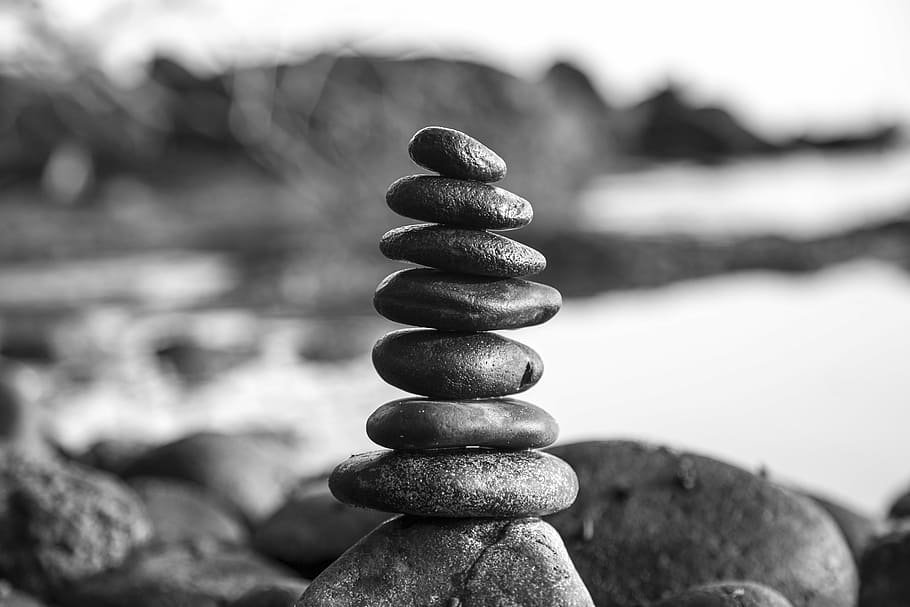 grayscale photo, stones, stacked, together, black and white, tower, patience, stone, nature, travel