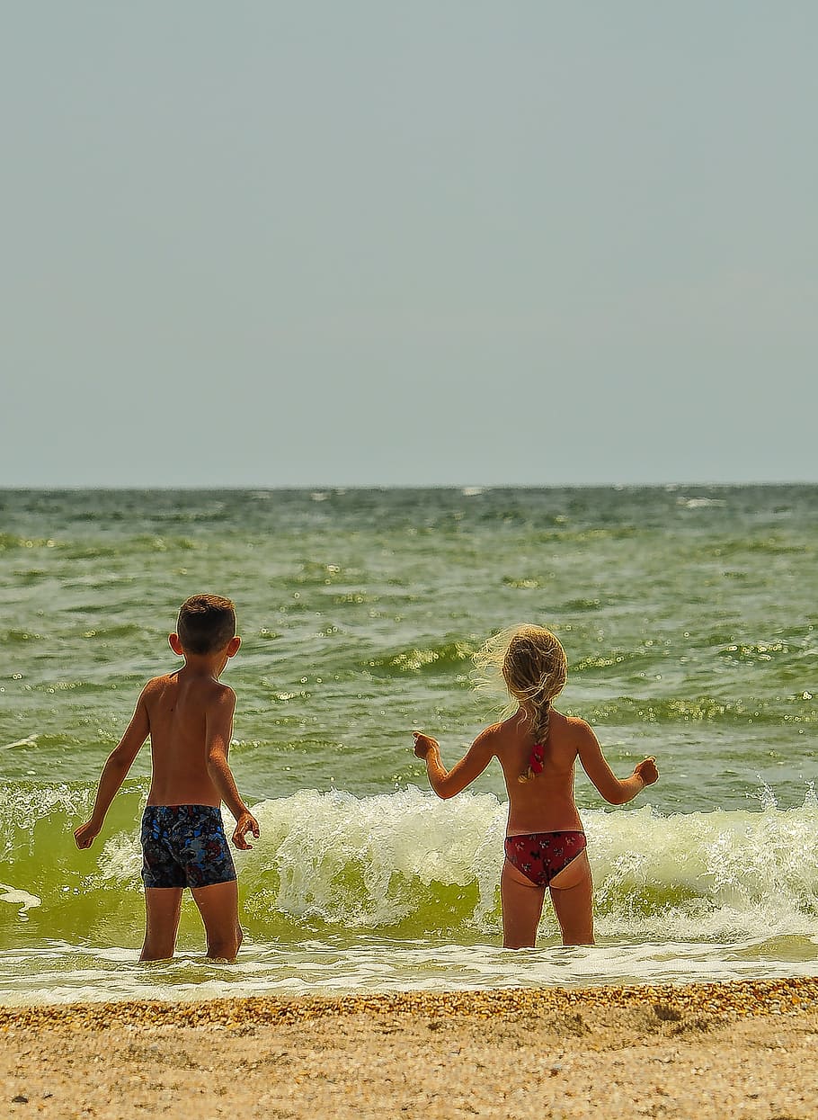 kids, sea, wave, horizon, two people, water, land, beach, togetherness, child